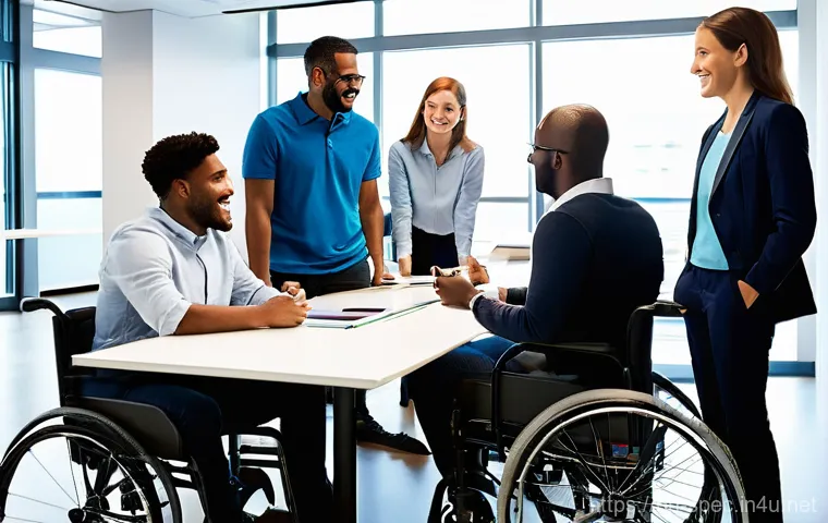 특수교육과 장애인 인권 - **Prompt:** A bright and modern scene depicting a visually impaired young adult (early 20s), smartly...