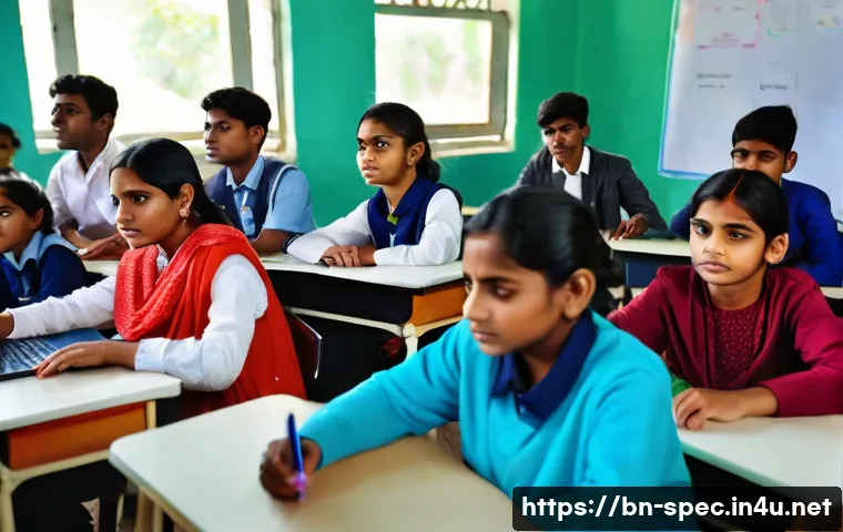 청각장애 학생 교육 - A modern classroom setting with a diverse group of Bengali hearing-impaired students using interacti...