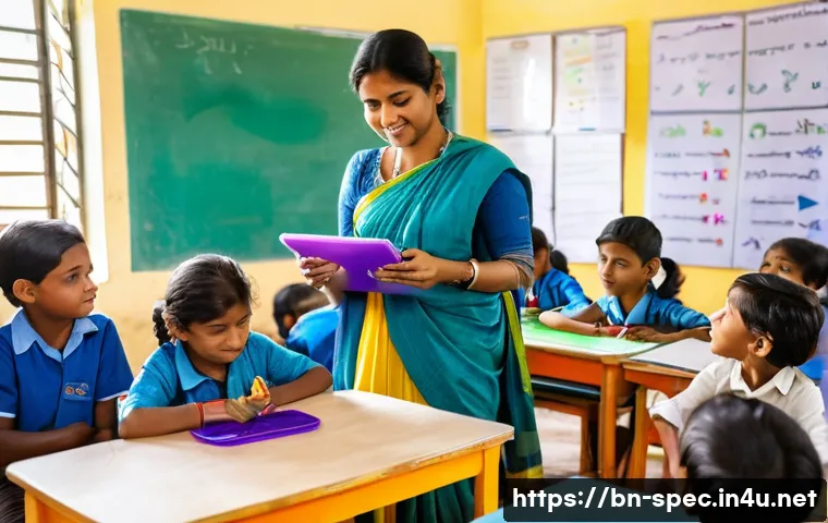 특수교육 교사 자격증 - A compassionate special education teacher in a bright, welcoming classroom in Bangladesh, patiently ...