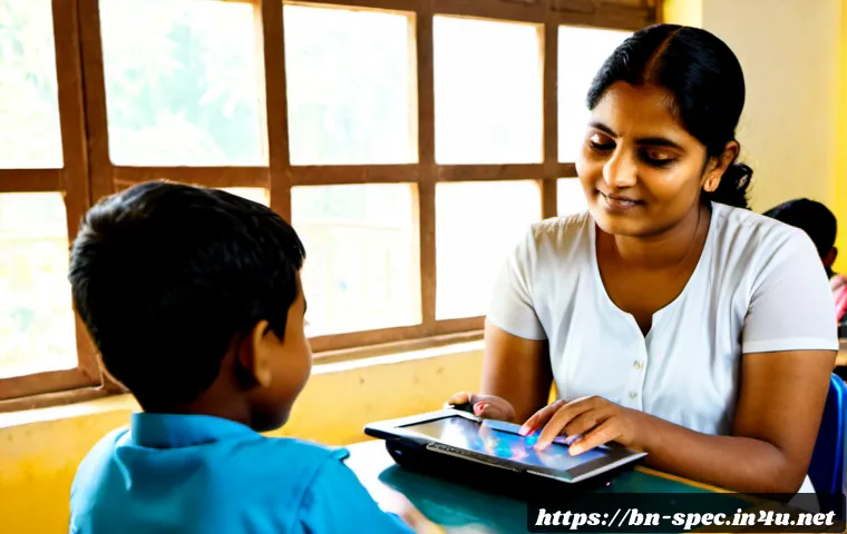 특수교육과 특수교육 기술 혁신 - Photorealistic inclusive special education classroom in Bangladesh, a Bengali teacher warmly guiding...