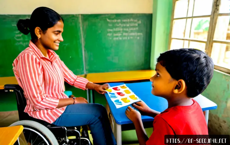 특수교육과 특수교육 교수법 - Photorealistic inclusive special education classroom in Bangladesh, a caring teacher using colorful ...