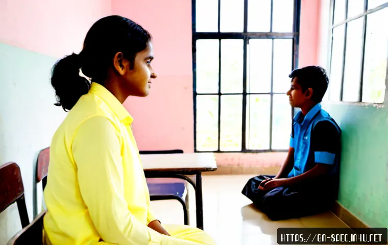 Home 17 특수교육과 위기 개입 - Photorealistic special education classroom in Bangladesh, a calm trained school counselor gently sup...